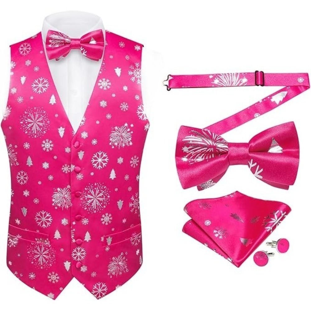 Christmas Men's Suit Vest Bow Tie Set Formal Waistcoat Tuxedo Pink Holiday - S